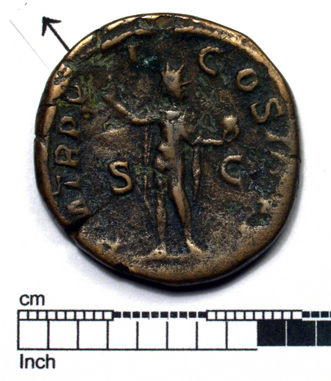 Hearst Museum object 3 of 4 titled Coin: æ sestertius, accession number 8-6211, described as Coin: Sestertius; Æ; Alex. Severus - 17.26 grms. Obverse: IMP ALEXANDER PIVS AVG - Bust facing right, laureate, draped. Reverse: PM TRPX I COSII PP, SC - Sol standing front, head facing left, raising right hand and holding whip.