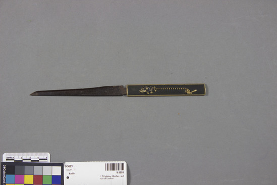 Hearst Museum object titled Knife, accession number 9-5693, described as utility knife; steel blade with inscription, brass hilt; long-handled censer with floral design