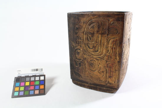 Hearst Museum object titled Box, accession number 2-15533, described as Carved bent wood box. 16 cm x 14 cm x 18 cm. Notice: Image restricted due to its potentially sensitive nature. Contact Museum to request access.