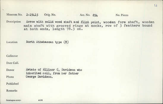 Documentation associated with Hearst Museum object titled Arrow, accession number 2-19415, described as Arrow with solid wood shaft and flint point, wooden foreshaft, wooden main shaft with grooved rings at nocks. Row of 3 feathers bound at both ends.