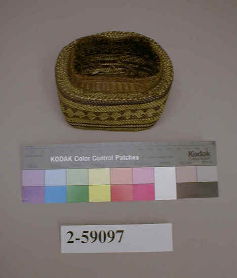 Hearst Museum object titled Basket, accession number 2-59097, described as Spiral lattice twining, rectangular. Cover missing. 2 encircling purple bands with facing projecting triangles, 2 encircling plain purple bands.