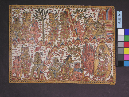 Hearst Museum object 1 of 2 titled Textile, accession number 18-1117, described as Painting on cloth representing episodes from a Brahmanic tale. Polychrome on white background; divinities Siva and Yama (lord of hell) at lower right. Made for sale; based on older traditional paintings made for house and temple decorations. 58 x 78.5 cm.