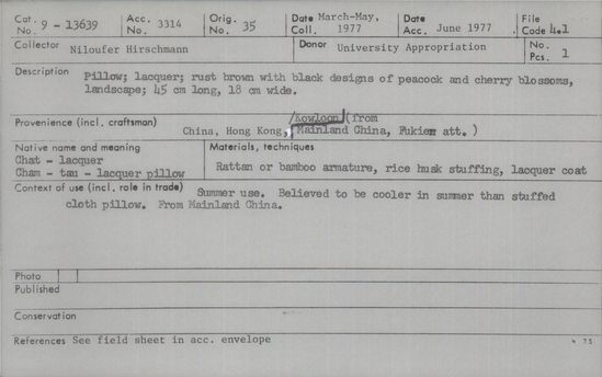 Documentation associated with Hearst Museum object titled Pillow, accession number 9-13639, described as pillow; lacquer; rust brown with black designs of peacock and cherry blossoms, landscape; summer use.  Believed to be cooler in summer than stuffed cloth pillow.  From Mainland China