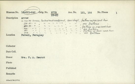 Documentation associated with Hearst Museum object titled Arrow, accession number 16-535, described as Arrow, barbed hardwood point, cane shaft, no feathers