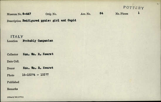 Documentation associated with Hearst Museum object titled Pyxis, accession number 8-447a, described as Red-figured pyxis: girl and Cupid (Greek: Eros)