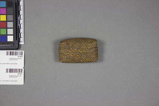 Hearst Museum object titled Basketry container, accession number 10-503a,b, described as Flat basket; similar to 10-502; diagonal checkerwork; with lid (b) 3¼ x 2¼ inches long.