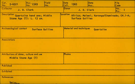 Documentation associated with Hearst Museum object titled Handaxe, accession number 5-6521, described as quartzite handaxe