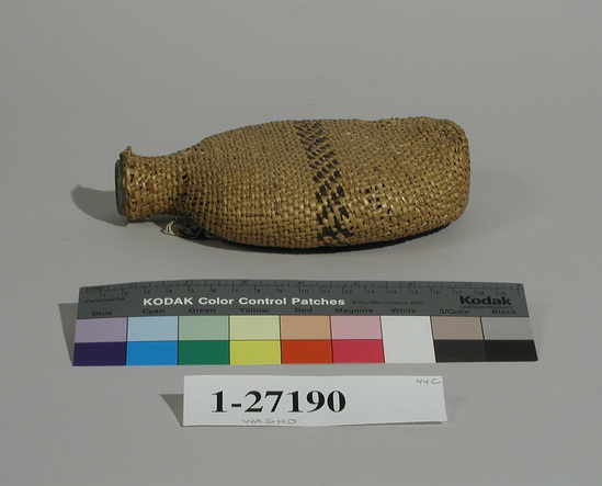 Hearst Museum object titled Flask, accession number 1-27190, described as Twined basketry on flask, encircling band of decoration.