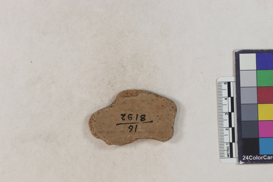 Hearst Museum object 45 of 183 titled Potsherd, accession number 16-8192, described as Potsherd: bodys Section of Manta on beach currently inhabited. Numbers  8111 to 8194 are sherds picked up on beach at low tide.