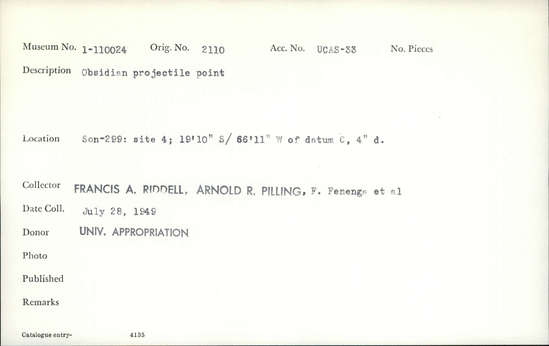 Documentation associated with Hearst Museum object titled Projectile point, accession number 1-110024, described as Obsidian projectile point.
