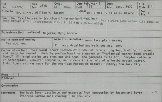 Documentation associated with Hearst Museum object titled Textile fragment, accession number 5-11265, described as textile sample (section of narrow band weaving): tan stripes alternates with blue and rose stripe which increases in size.