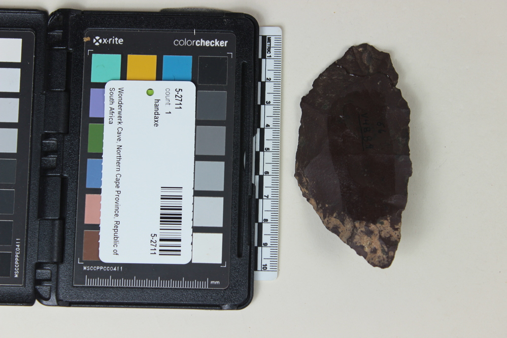 Hearst Museum object titled Handaxe, accession number 5-2711, described as Basalt hand-axe fragment; pointed tin