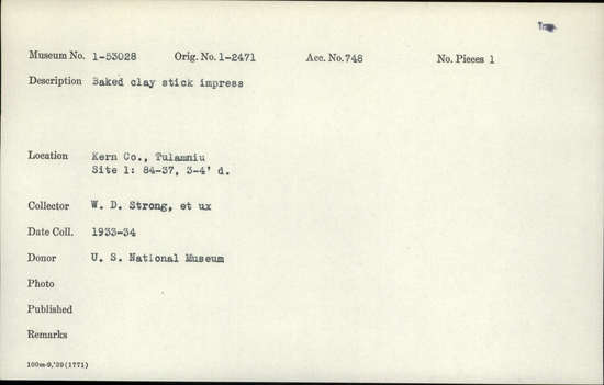 Documentation associated with Hearst Museum object titled Vegetal impression, accession number 1-53028, described as Baked clay