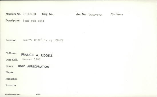 Documentation associated with Hearst Museum object titled Awl fragment, accession number 1-196458, described as Bone pin bead.