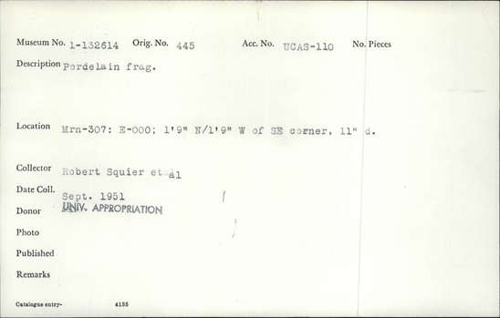 Documentation associated with Hearst Museum object titled Porcelain fragments, accession number 1-132614, described as Porcelain fragment.  Attached to 1-128674. Notice: Image restricted due to its potentially sensitive nature. Contact Museum to request access.