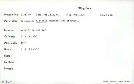 Documentation associated with Hearst Museum object titled Pendant fragment, accession number 1-212244, described as Triangular haliotis.