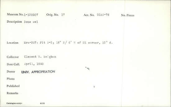 Documentation associated with Hearst Museum object titled Awl, accession number 1-120507, described as Bone.