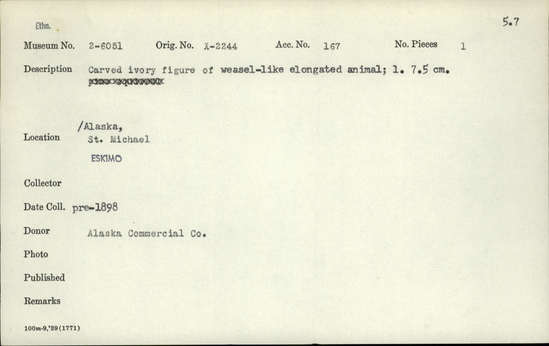 Documentation associated with Hearst Museum object titled Zoomorph, accession number 2-6051, described as Carved ivory figure of weasel-like elongated animal.