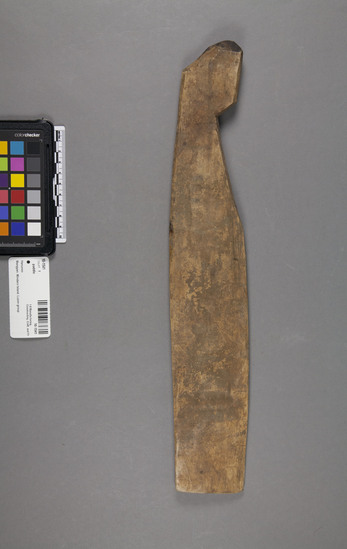 Hearst Museum object titled Paddle, accession number 10-1541, described as Wooden paddle used in pottery making, 1 end hooked; 16½ inches long