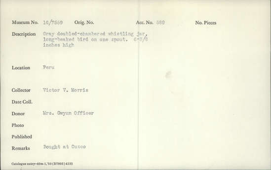 Documentation associated with Hearst Museum object titled Whistling jar, accession number 16-7559, described as Gray double-chambered whistling jar, long-beaked bird on one spout. 6 3/8 inches high