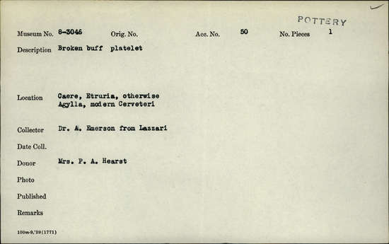 Documentation associated with Hearst Museum object titled Plate, accession number 8-3046, described as Broken buff platelet.