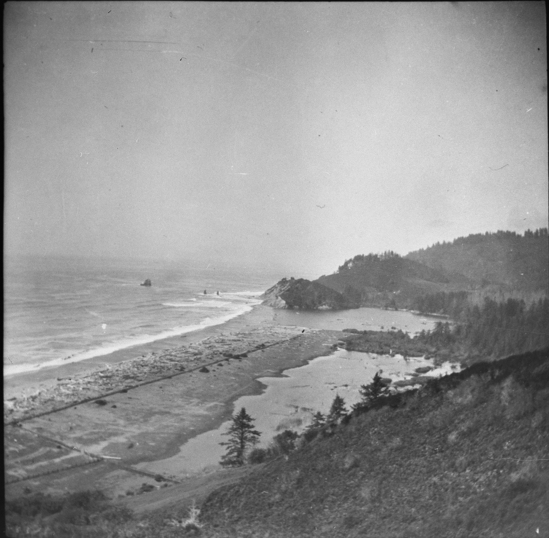 Hearst Museum object titled Black-and-white negative, accession number 15-1463, described as From hill above Arekw of Lagoon at mouth of Redwood Creek from south