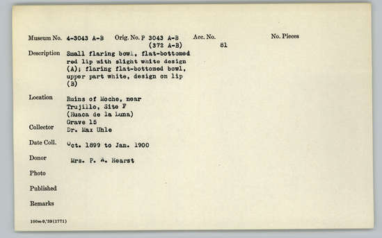 Documentation associated with Hearst Museum object titled Bowls (2), accession number 4-3043a, described as Small flaring bowl, flat-bottomed, red lip with slight white design.