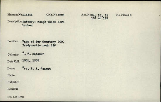 Documentation associated with Hearst Museum object titled Broken bowl, accession number 6-3445, described as Pottery: rough thick bowl broken