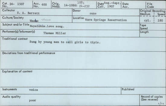 Documentation associated with Hearst Museum object titled Audio recording, accession number 24-1507, described as Love Song