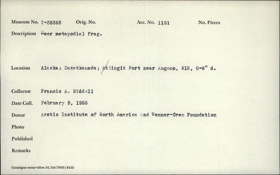 Documentation associated with Hearst Museum object titled Mammal bone, accession number 2-35363, described as Deer metapodial fragment.