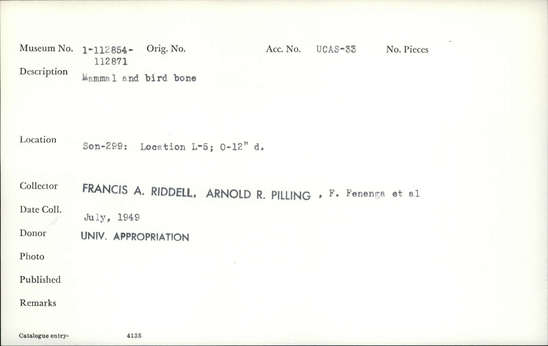 Documentation associated with Hearst Museum object titled Faunal remains, accession number 1-112865, described as Mammal and bird.