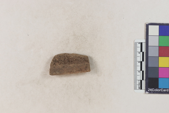 Hearst Museum object 132 of 160 titled Potsherd, accession number 16-8191, described as Potsherd: rims Section of Manta on beach currently inhabited. Numbers  8111 to 8194 are sherds picked up on beach at low tide.