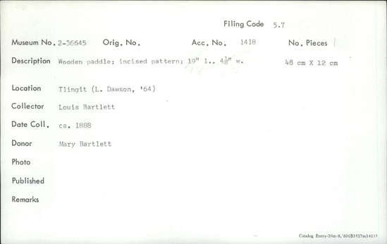 Documentation associated with Hearst Museum object titled Paddle, accession number 2-36645, described as Wooden, incised pattern.