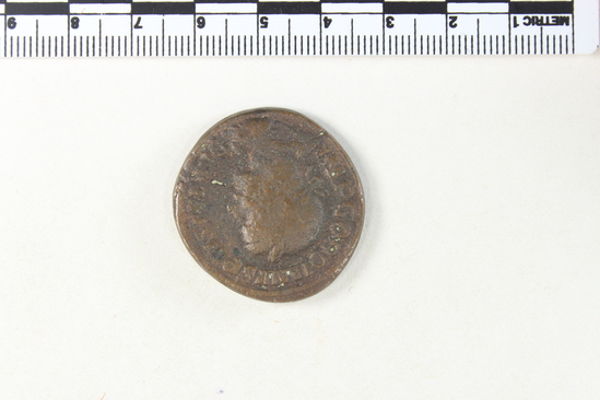 Hearst Museum object 3 of 8 titled Coin: æ sestertius, accession number 8-5924, described as Coin: Sestertius; Æ; Gordianus.Pius - 21.13 grams. Rome, 240-244 AD. Obverse: IMP GORDIANVS PIVS FEL AVG - bust facing right, laureate, draped, cuirassed. Reverse: IOVI STATORI, SC - Jupiter standing facing left, holds long scepter and thunderbolt.