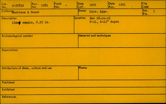 Documentation associated with Hearst Museum object titled Soil sample, accession number 2-57832, described as Lime sample