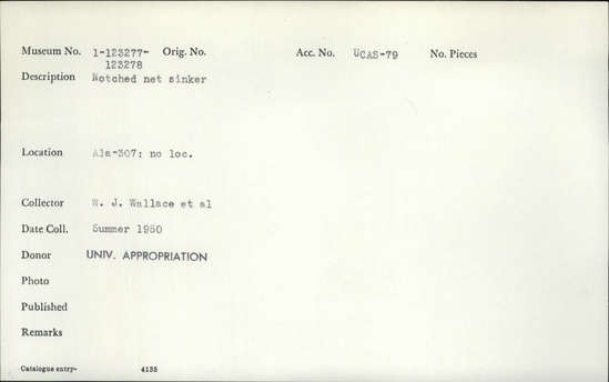 Documentation associated with Hearst Museum object titled Net sinker, accession number 1-123278, described as Notched net sinker