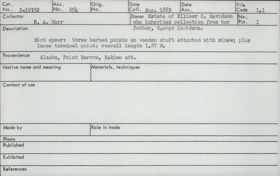 Documentation associated with Hearst Museum object titled Spear, accession number 2-19352, described as Three barbed points on wooden shaft attached with sinew, plus loose terminal point.