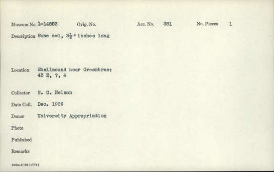 Documentation associated with Hearst Museum object titled Awl, accession number 1-14853, described as Bone. Notice: Image restricted due to its potentially sensitive nature. Contact Museum to request access.