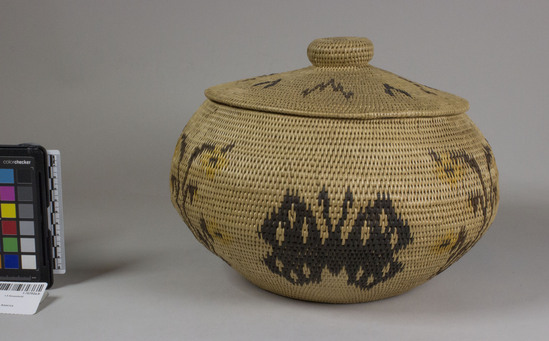 Hearst Museum object 3 of 3 titled Basket with lid, accession number 1-70702a,b, described as Single rod coiling, bowl shape. With cover.