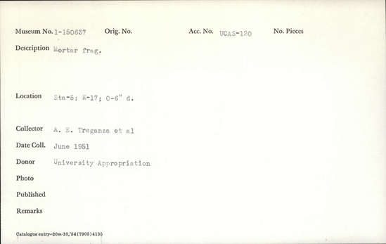 Documentation associated with Hearst Museum object titled Mortar fragment, accession number 1-150637, described as mortar fragment