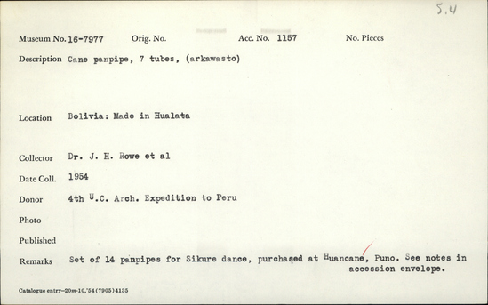 Documentation associated with Hearst Museum object titled Panpipe, accession number 16-7977, described as Cane panpipe , 7 tubes, (arkawasto)