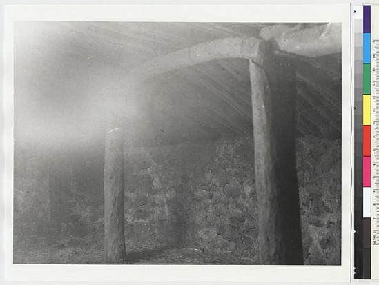 Hearst Museum object titled Black-and-white negative, accession number 15-6164, described as One side of interior of dance house with cemented stone wall, which replaces original wall washed away