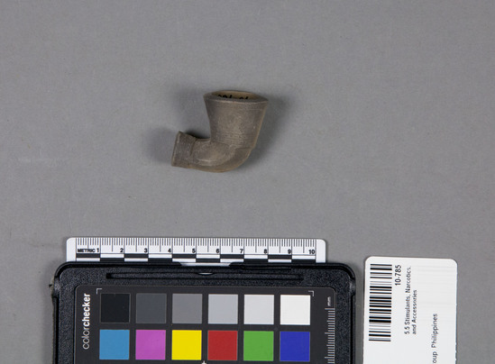 Hearst Museum object titled Pipe, accession number 10-785, described as Small clay pipe bowl; yellow; line and punch design; unfinished. Same as  -786, -787, -789, - 790, -792.