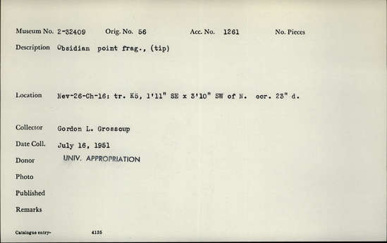 Documentation associated with Hearst Museum object titled Stone point, accession number 2-32409, described as Obsidian point fragment, (tip).