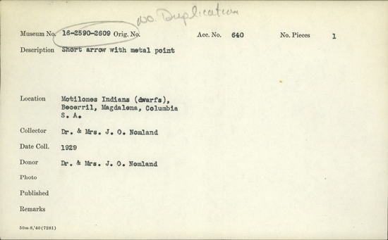 Documentation associated with Hearst Museum object titled Arrow, accession number 16-2608, described as Short arrow with metal point