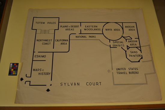 Hearst Museum object titled Drawing, accession number 17-757, described as Map Sylvan Court. Original pen and ink drawing for inside back cover of publication "Aboriginal Cultures of the Western Hemisphere" GGIE way finding for Exposition exhibition. Related drawing/photo collages: 17-758 and 17-759.