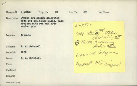 Documentation associated with Hearst Museum object titled Bow, accession number 2-10873, described as String bow, design decorated with red and black paint, ends wrapped with red and blue woolen yarn.