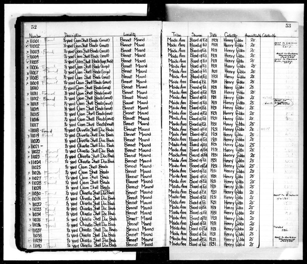 Documentation associated with Hearst Museum object titled Beads, accession number L-11023, described as Olivella shell disc.