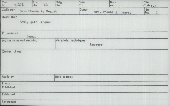 Documentation associated with Hearst Museum object titled Bowl, accession number 9-191, described as Bowl, Gold Lacquer