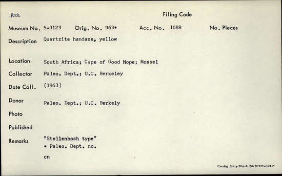 Documentation associated with Hearst Museum object titled Handaxe, accession number 5-3123, described as Quartzite handaxe, yellow.